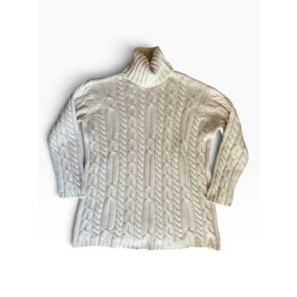 DKNY Cashmere Cotton Cable Knit Turtleneck Sweater Cream Size Small